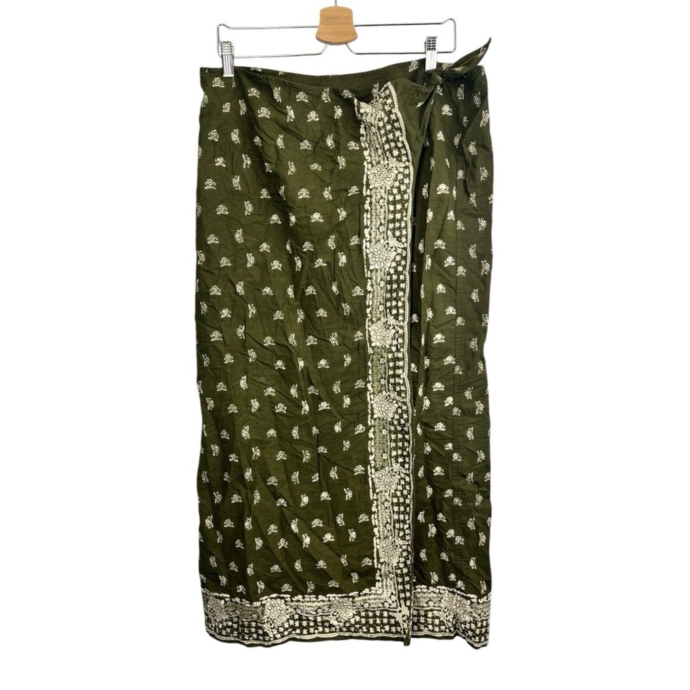 Vintage Block Print Wrap Skirt Olive Green Cream Floral De Rothchild XL 14 16 18